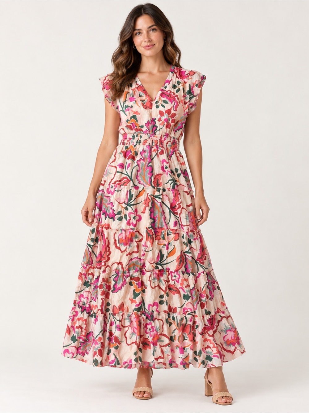 Cynthia Steffe Floral Tiered Maxi Dress Peach Pink Smocked Waist Size L Teacher